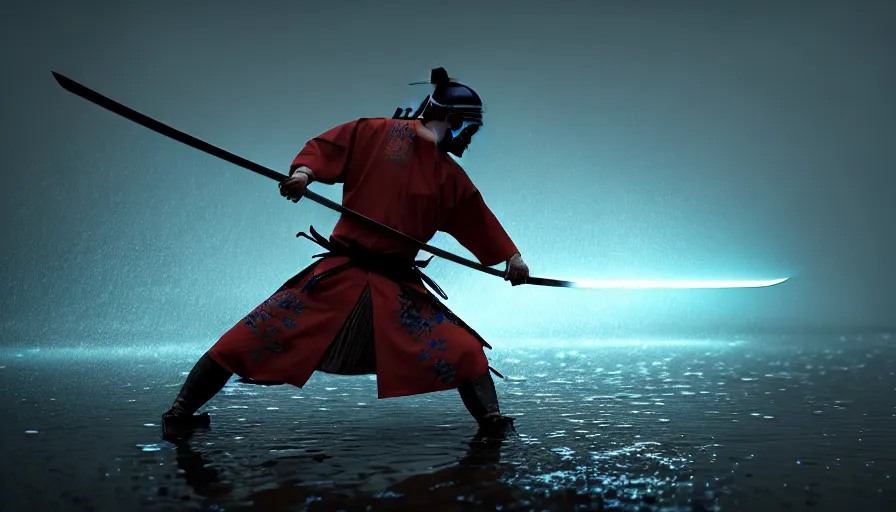 Image similar to Digital Art of A Samurai! Ninja! in Action, fighting and swords colliding, standing in a glowing lake while it rains, Concept Art, highly detailed, Artstation, 8k, Raytracing, Unreal Engine 5