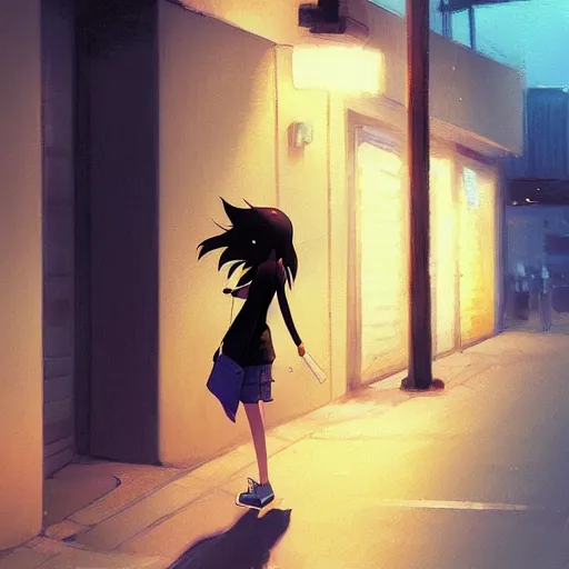 Image similar to a girl smoking, skinny, beautiful face, street at night, long hairfine art painting by makoto shinkai, featured on pixiv, hd