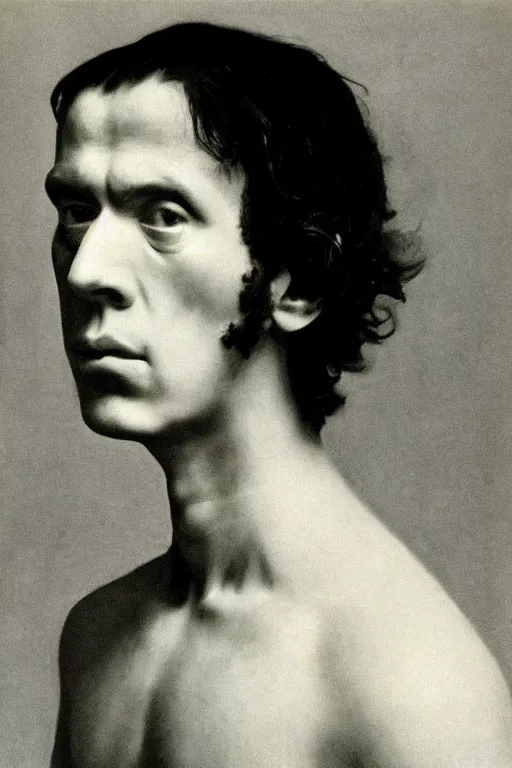 Image similar to ultra realistic vintage photo portrait of a man with a flesh tunnel through his body, by Irving Penn by Francisco de Goya by Magritte