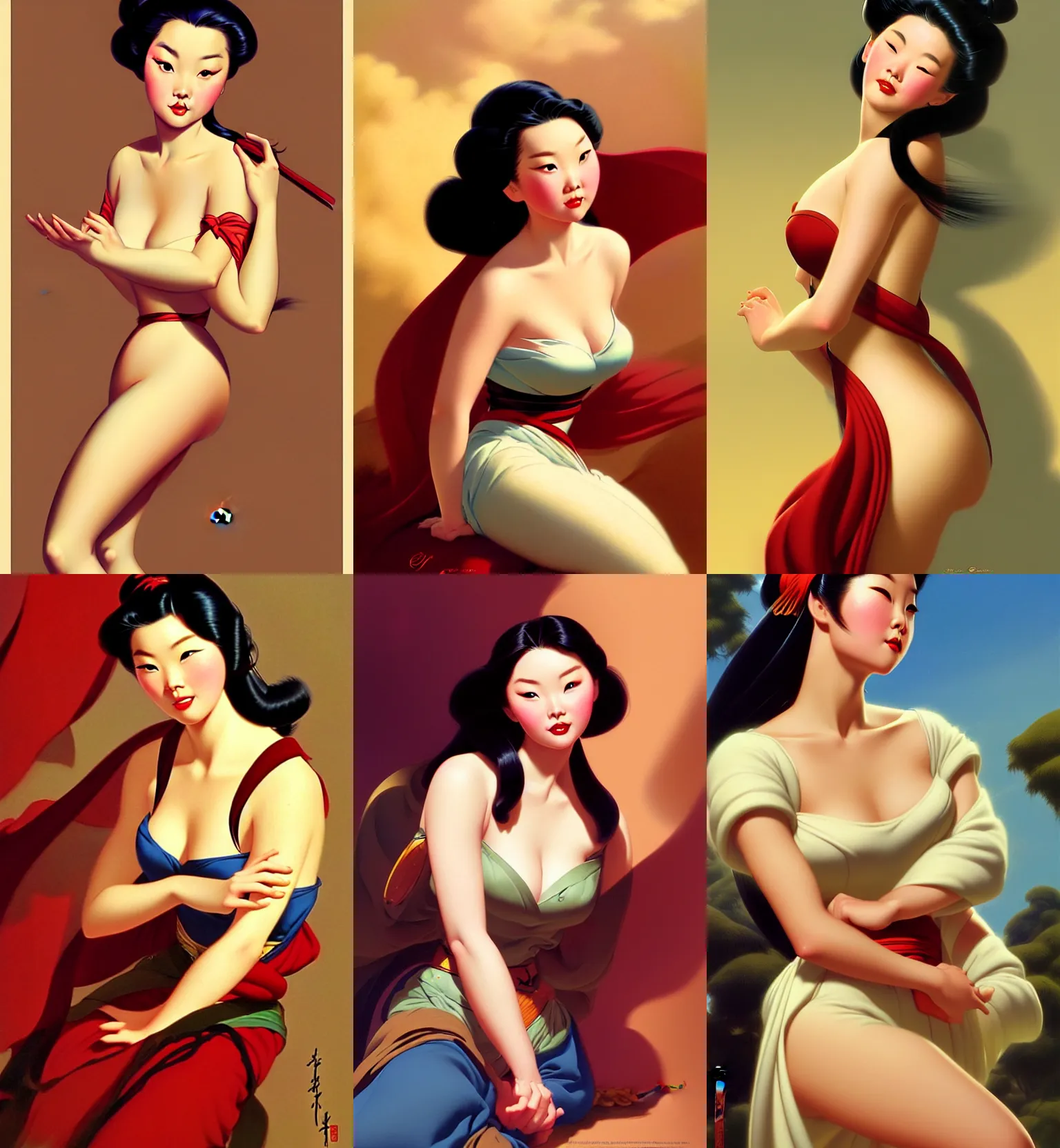 Prompt: portrait of a young curvaceous mulan, dreamy and ethereal, expressive pose, peaceful expression, elegant, highly detailed, digital painting, artstation, concept art, smooth, sharp focus, by gil elvgren