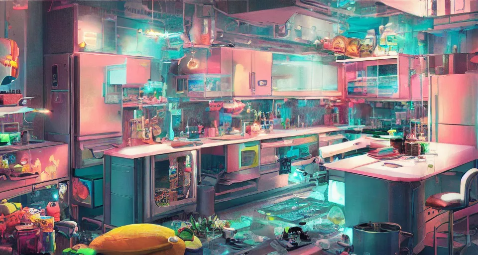 Prompt: IKEA catalogue photo of a cyberpunk kitchen, by Paul Lehr