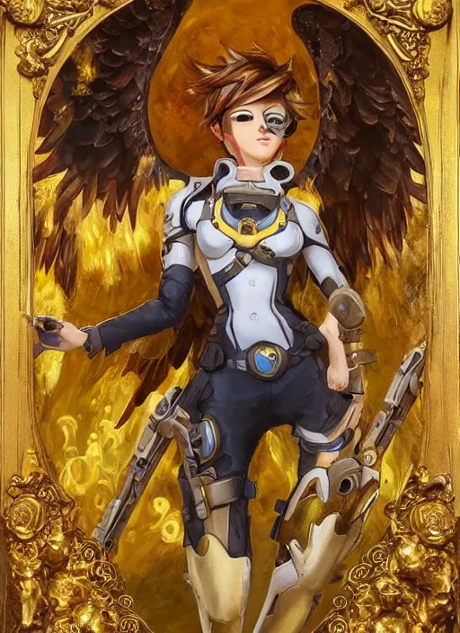 Image similar to full body oil painting of tracer overwatch in the style of sophie anderson, angel wings, angelic golden armor, dramatic painting, symmetrical composition, ornate, golden chains, high detail, gold detailed collar!!!!!, blooming, angelic, lights, flowers, heavenly, bright, detailed face,