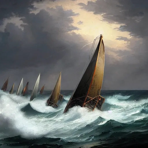 Image similar to a fleet of ancient trojan sailboats, amidst crashing waves and huge looming rocks, whirlpool, trireme, skiff, wooden sailboats, by greg rutkowski, grim, lightning flashes, sky swirling with black wind, dark sky, dramatic, realistic, detailed, ancient, artstation, artgerm, digital painting