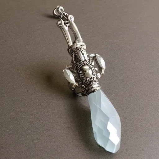 Prompt: stone crosier, jeweled, handmade, spinning faceted gems