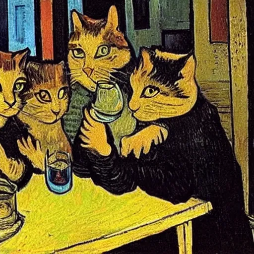 Image similar to three cats drinking in a bar, Van Gogh