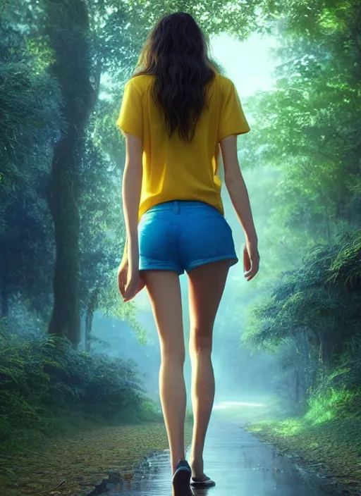 Image similar to young woman walking : : blue shorts yellow shirt : : magic raining forest nature : : weta disney pixar movie still photo : : decadent highly - detailed digital painting, full length shot, golden ratio, octane render, artstation, smooth, sharp focus, artgerm, mucha, loish, wlop, gogo