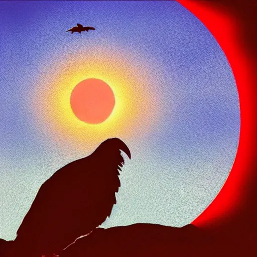Prompt: red sun over the paradise when the wind is slow and the fire is hot the vulture waits to see what rots