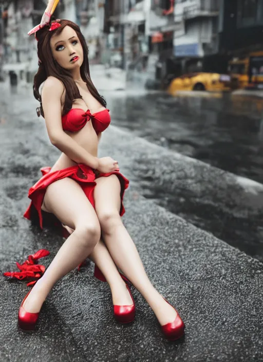 Prompt: pinup asuna from sao sitting on top of a wet sidewalk, a photo by rodolfo escalera, unsplash, hypermodernism, ominous vibe, ominous, apocalypse landscape