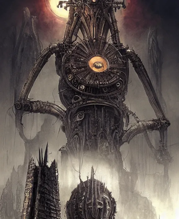 Image similar to steampunk style Sauron, futuristic technology, menacing pose, by HR Giger and Beksiński and Stephan Martiniere , 4k resolution, detailed, trending on artstation