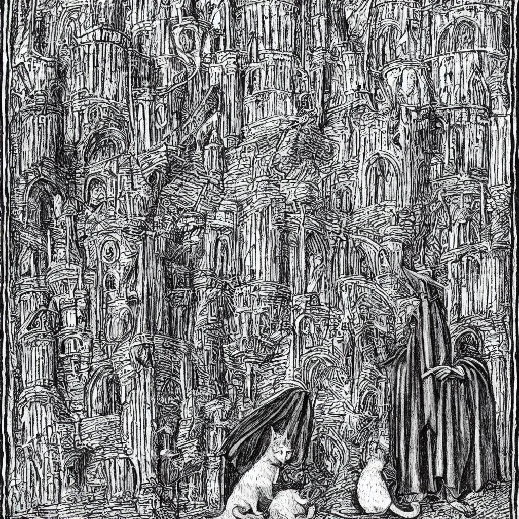 Prompt: a gray striped cat disguised as a wizard Merlin in front of the castle of Camelot, medieval illustration, intricate, highly detailed