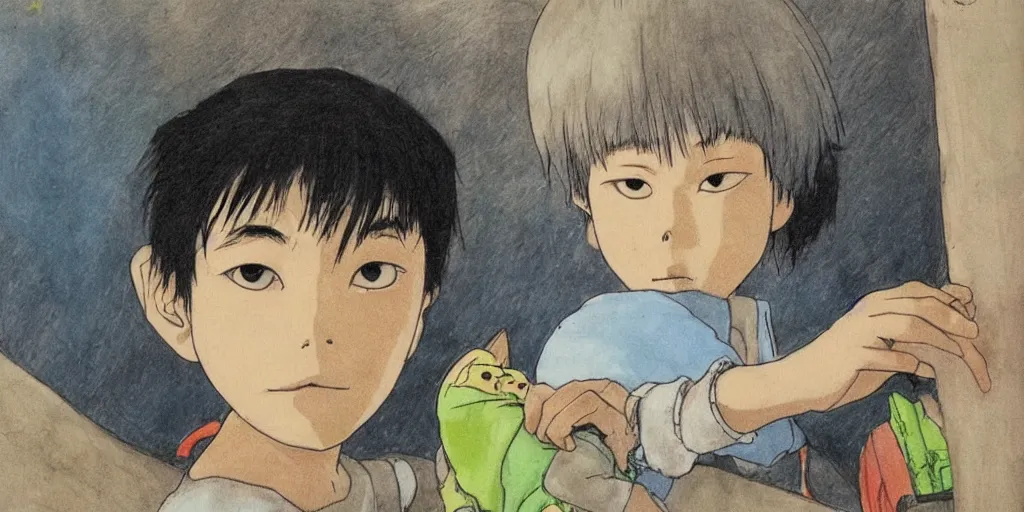 Prompt: drawn by hayao miyazaki, sri lankan kid with cat, looking at camera, closeup