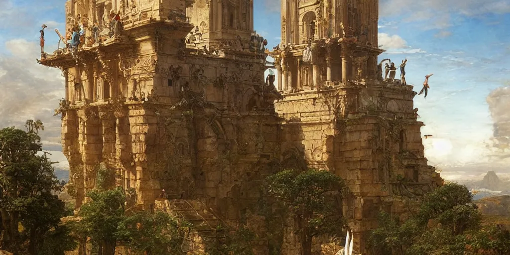 Image similar to tons of people jumping off of a huge biblical tower, golden ratio composition, sense of awe, art by ferdinand knab, greg rutkowski, john william waterhouse, religious, sunlight, highly detailed, intricate details