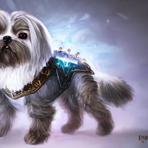 Prompt: shih tzu Dog, battle armour, Anthropomorphized, casting epic spell, magic the gathering artwork, D&D, fantasy, cinematic lighting, centered, symmetrical, highly detailed, digital painting, artstation, concept art, smooth, sharp focus, illustration, volumetric lighting, epic Composition, 8k, art by Akihiko Yoshida and Greg Rutkowski and Craig Mullins, heroic pose, oil painting, cgsociety, magic lab background