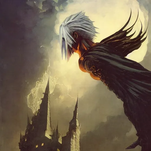 Prompt: portrait Sephiroth wearing a balrog costume head eyes with shredded physique stands atop a skyscraper norman rockwell brad rigney winslow homer greg rutkowski stop-motion dreamworks pixar kingdom hearts