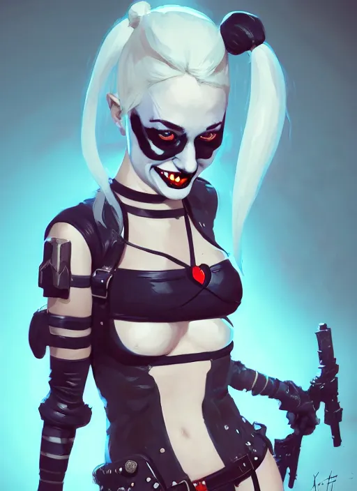 Image similar to portrait of cute goth harley quinn in cyber bikini armor, warhammer, cyberpunk, by atey ghailan, by greg rutkowski, by greg tocchini, by james gilleard, by joe fenton, by kaethe butcher, dynamic lighting, gradient light blue, brown, blonde cream and white color in scheme, grunge aesthetic