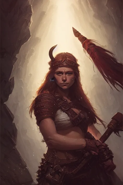 Prompt: head and shoulders portrait of a barbarian, female, high fantasy, dnd, nuri iyem, james gurney, james jean, greg rutkowski, anato finnstark