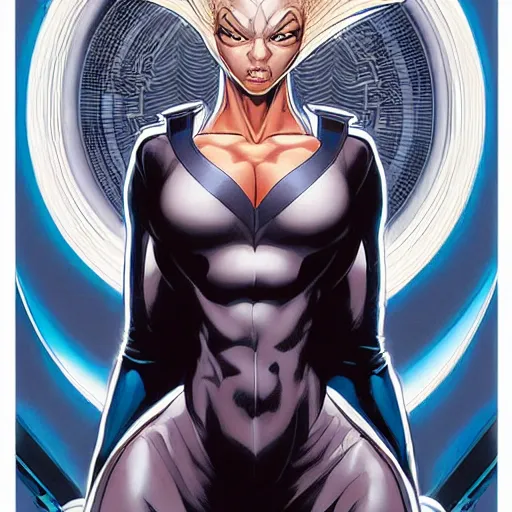 Image similar to portrait of ororo from xmen, symmetrical, by yoichi hatakenaka, masamune shirow, josan gonzales and dan mumford, deayami kojima, takato yamamoto, barclay shaw, karol bak, yukito kishiro