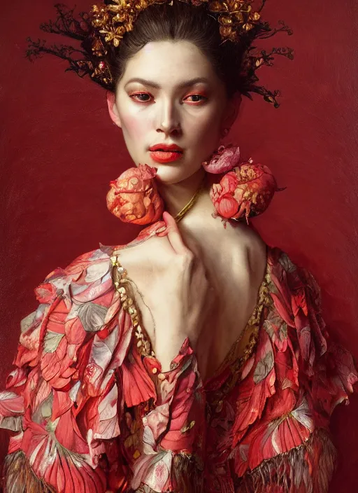 Prompt: highly detailed oil painting | very intricate | cinematic lighting | award - winning | watermelon kimono fashion by alexander mcqueen | by roberto ferri, by tom bagshaw, by j. c. leyendecker and klimt, american romanticism, by austin osman spare, artstation, cgsociety, official art, octane