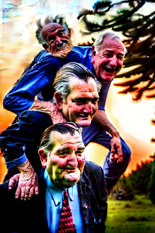 Image similar to elderly man carrying ted cruz piggyback, 8 k, award winning photograph, portrait, detailed faces, sunset in background, highly - detailed