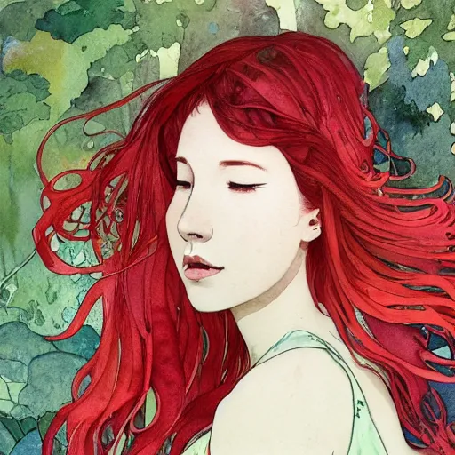 Prompt: side view a beautiful and inspiring intricate watercolor illustration artwork red hair girl in the forest, feeling the nature, eyes closed, 4 k, ultra - wide angle, by william turner, by victo ngai, by alphonse mucha, by miho hirano, hd, trending on artstation, hyper detailed, muted colors, inspiring, beautiful, energetic