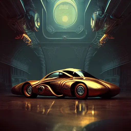 Image similar to cyborg vintage flying supercar slick warm tones : by michal karcz, daniel merriam, victo ngai and guillermo del toro : ornate, dynamic, particulate, intricate, elegant, highly detailed, centered, artstation, smooth, sharp focus, octane render
