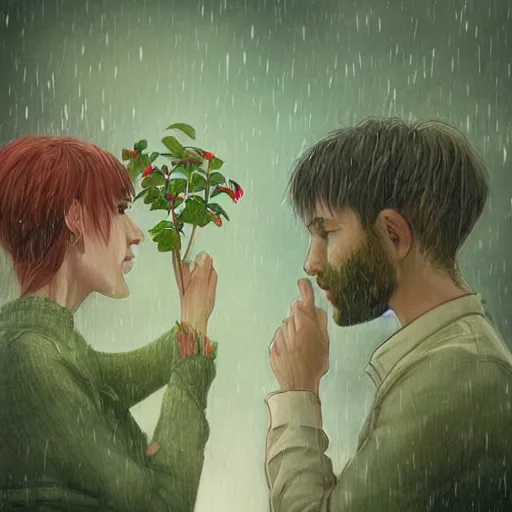 Prompt: a couple holding hands with plants growing out of their heads, growth of a couple, rainy day, atmospheric, bokeh matte masterpiece by artgerm by wlop by alphonse muhca