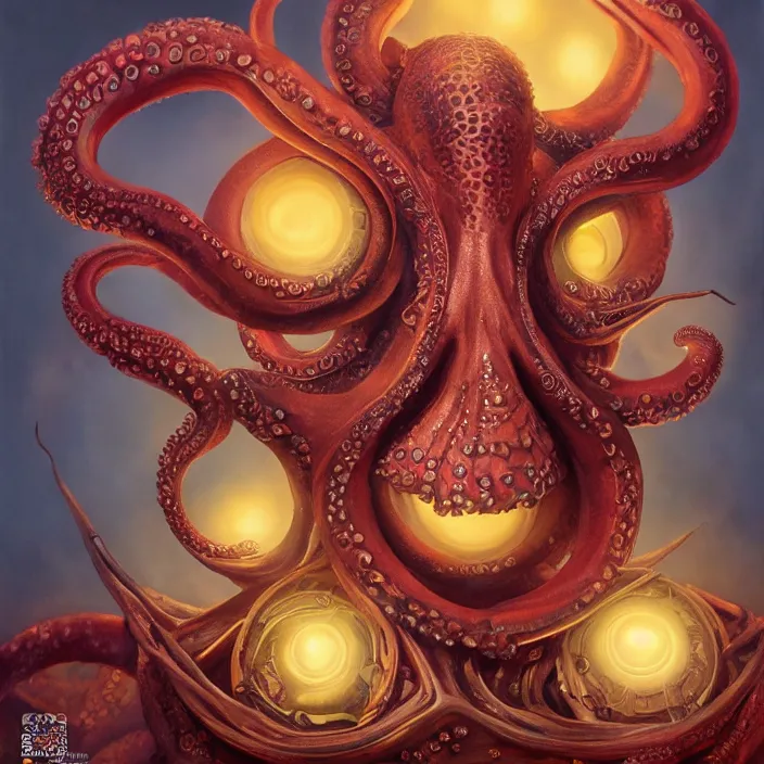 Image similar to beautiful and exotic octopus queen bust portrait, glowing big eyes, art nouveau declotage, perfect symmetrical facial features, hyperrealistic bone structure, desaturated, beautiful lighting, extremely hyperdetailed, mixed media painting, unreal engine, 8 k, octane, 8 mm, by travis charest, rodney matthews and chris achilleos