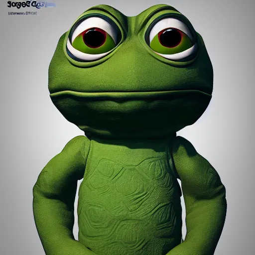 Image similar to a sadge - sad - pepe - the - turtle - ninja, looking more depressed than usual, quivering lips, fists in the air, sweat flying, cgi render, zbrush, octane, keyshot render