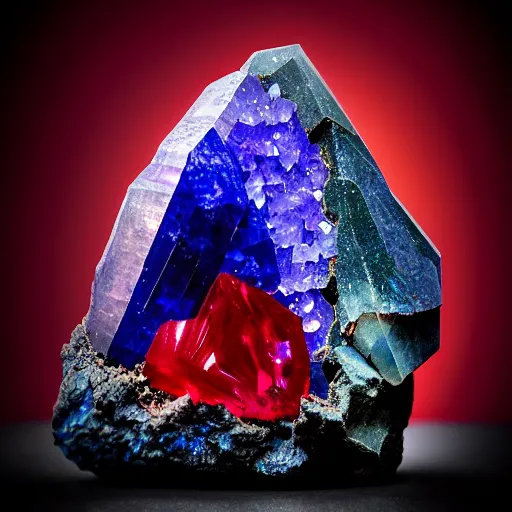 Image similar to a mineral rock, in a dark studio room. Photography of rare minerals. Tanzanite, Red Beryl, Bixbite, Red Emerald, Scarlet Emerald, Opal, Quartz, Elbaite, Calcite, Kunzite. in the style of artgerm.