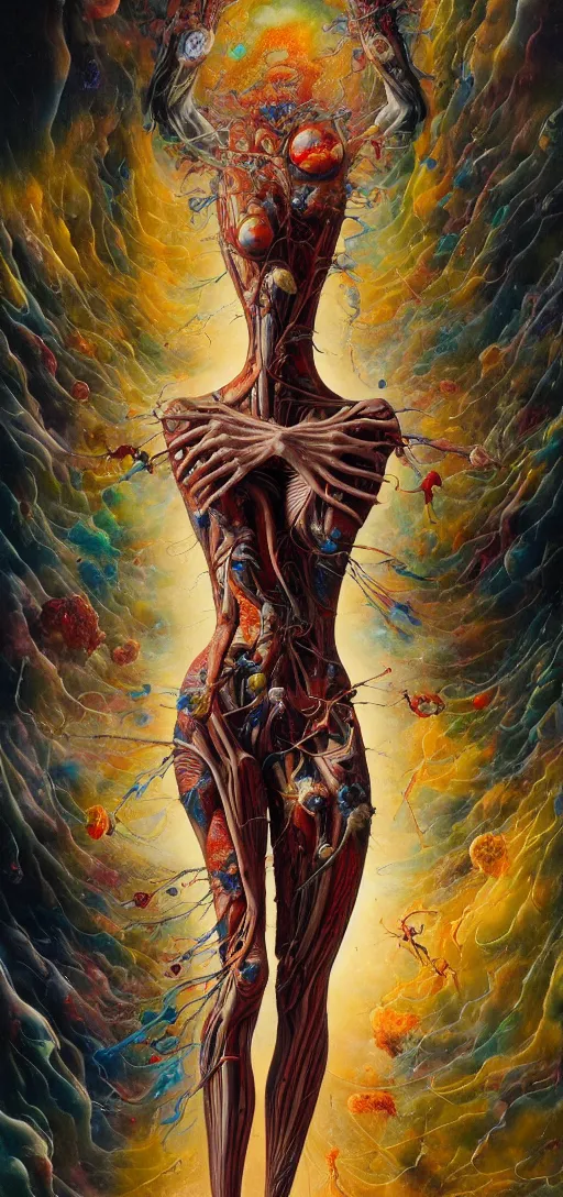 Image similar to a tall, fleshy anatomical figure with extra limbs, hovering in the air, zero gravity, neurons firing, rich colours, karol bak, mark brooks, hauntingly surreal, highly detailed painting by katsuhiro otomo, part by james jean, part by adrian ghenie, part by gerhard richter, soft light 4 k