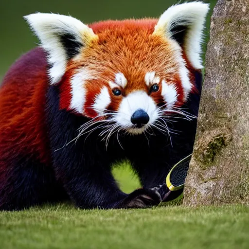 Prompt: national geographic photograph of a red panda playing lacrosse