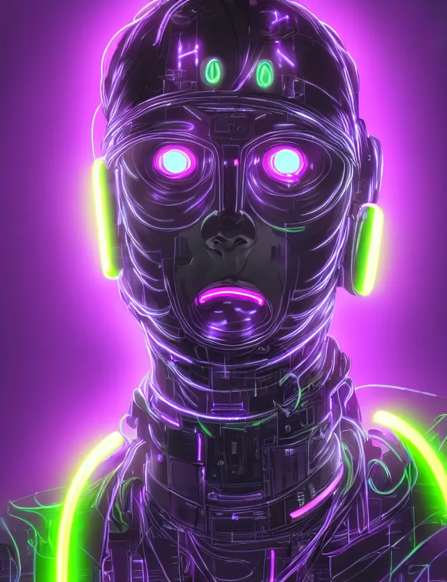 Image similar to a detailed manga portrait of a black haired man with a cybernetic body and face mask with glowing neon purple lights, trending on artstation, digital art, 4 k resolution, detailed, high quality, sharp focus, hq artwork, coherent, insane detail, character portrait