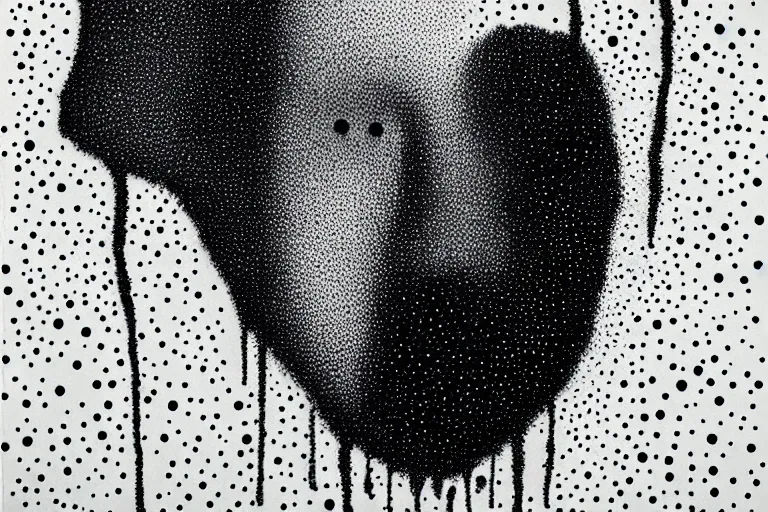 Image similar to face made out of mist, faceless people dark, dots, drip, stipple, pointillism, technical, abstract, minimal, style of francis bacon, asymmetry, pulled apart, cloak, hooded figure, made of dots, abstract, balaclava