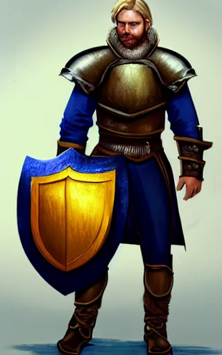 Prompt: highly detailed concept art of a rugged young knight with blonde hair and blue eyes and a short beard wearing a blue shirt and a yellow cape and leather boots holding a shield and a warpick, by Piotr Dura, concept art, realistic, masterpiece, ArtStation