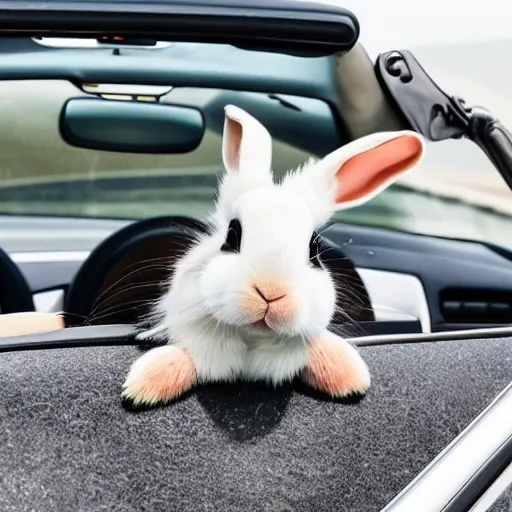 Image similar to a cute bunny driving a convertible, studio photo, high quality