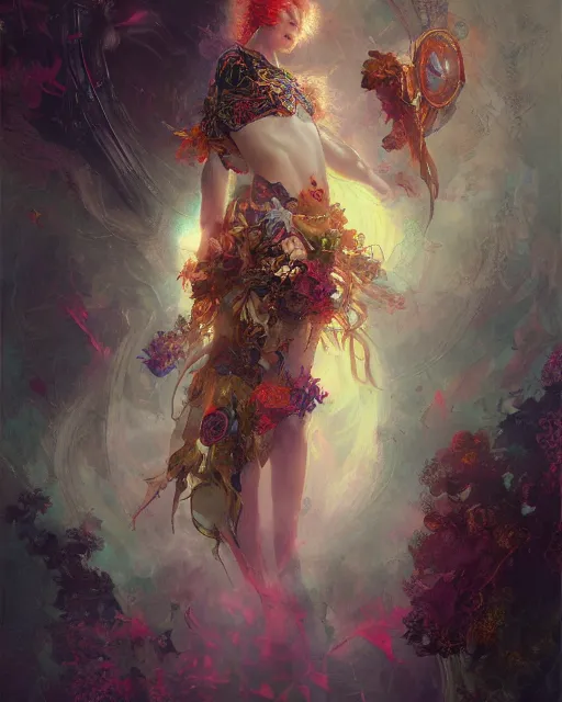 Image similar to Floralpunk elysian Maiden of radiant light by Ruan Jia, award winning art, Artstation, art nouveau aesthetic