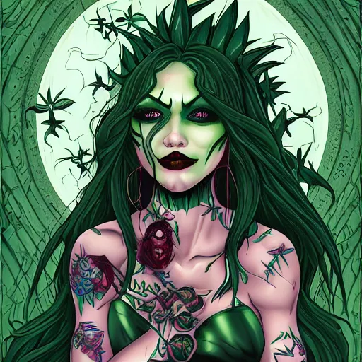 Prompt: the second coming of poison ivy as a goth girl, by dan mumford and ross tran, cosmic, heavenly, god rays, intricate detail, cinematic, 8 k, cel shaded, unreal engine, featured on artstation, pixiv