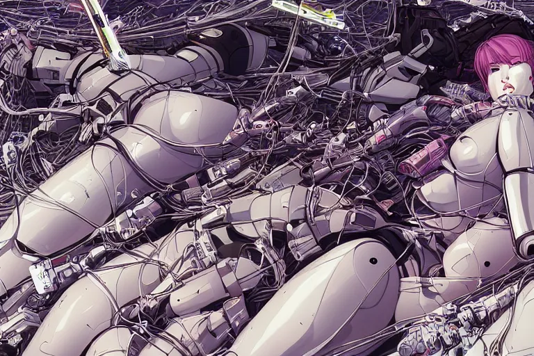 Image similar to a finely composed cyberpunk illustration of a group of female androids in style of hajime sorayama, lying on an abstract, empty, white floor with their body parts scattered around and cables and wires coming out, by katsuhiro otomo and masamune shirow, hyper-detailed, intricate, colorful, view from above, wide angle, close up, beautiful