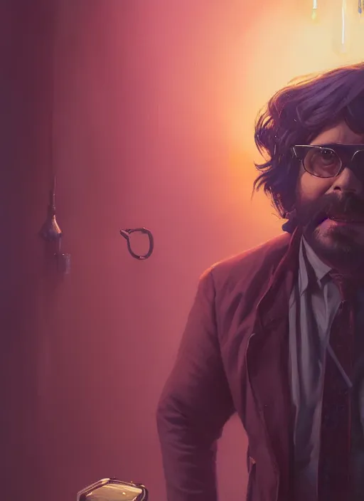 Image similar to highly detailed portrait of matt berry as jackie daytona, what we do in the shadows, unreal engine, fantasy art by greg rutkowski, loish, rhads, makoto shinkai and lois van baarle, ilya kuvshinov, rossdraws, tom bagshaw, global illumination, radiant light, detailed and intricate environment