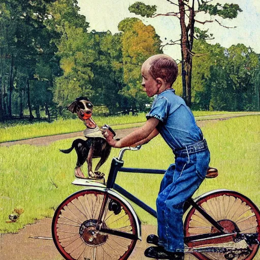 Image similar to A painting in the style of Norman Rockwell of a boy trying to learn to ride a bike. His father is holding the bike to help. The road is lined with tall trees, A farm can be seen in the background. A dog is close by