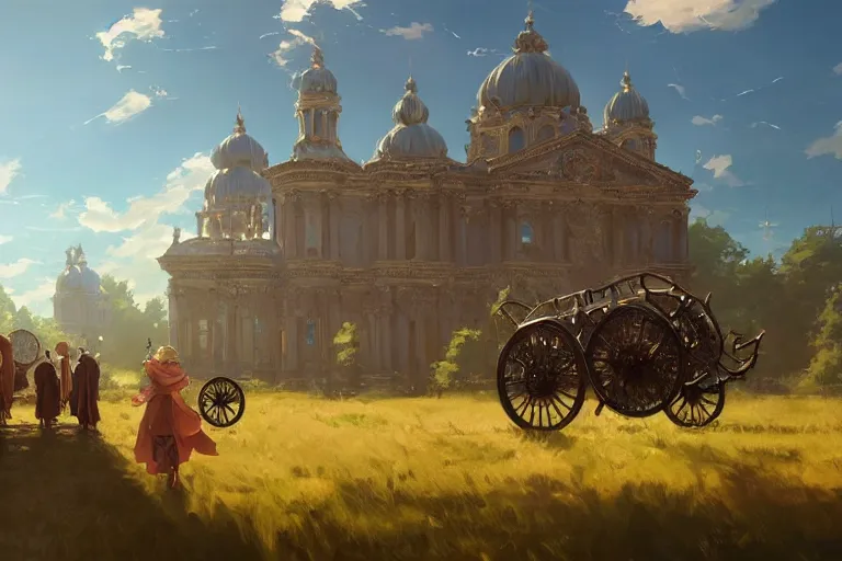 Prompt: an mobile ornate baroque church on chain wheels, scene in an open field. key visual, conceptart, ambient lighting, highly detailed, digital painting, artstation, concept art, sharp focus, by makoto shinkai and akihiko yoshida and greg manchess