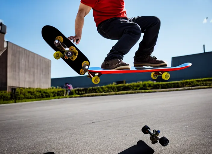 Image similar to dslr photo still of peter dinklage on a skateboard flying through the air, 4 k, 1 2 0 mm f 1 6