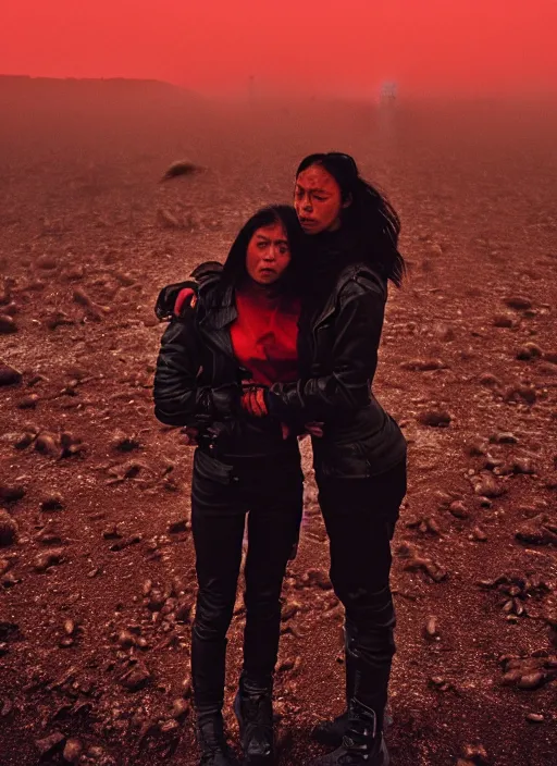 Image similar to cinestill 5 0 d photographic portrait of two loving androids, beautiful women wearing rugged black techwear on a desolate plain with a red sky, extreme closeup, lizard on ground, cyberpunk style, in front of a brutalist dark metal facility, dust storm, 3 5 mm, 8 k, f / 3 2, high resolution, ultra realistic faces