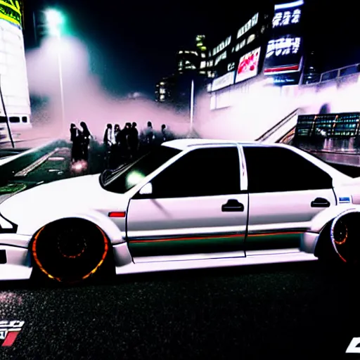 Image similar to a car JZX90 twin turbo drift at illegal car meet, Shibuya prefecture, city midnight mist lights, cinematic lighting, photorealistic, highly detailed wheels, high detail