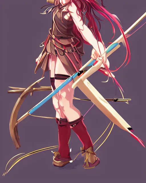 Prompt: anime girl with a bow and arrow, female archer, angry, warrior, realistic, fire emblem heroes archery japanese cartoon woman, artstation trending, concept art, digital painting