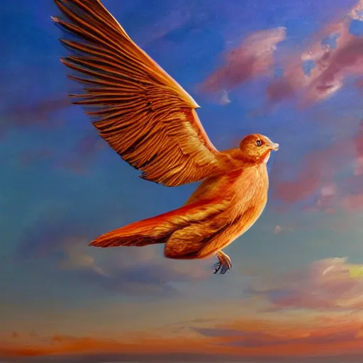 Image similar to a pancake with wings, flapping its wings flying in sunset sky, oil on canvas, portrait, intricate, 8k highly professionally detailed, HDR, CGsociety