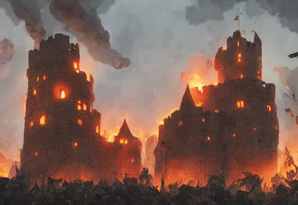 Prompt: handmade illustration of an small medieval castle being attacked by some medieval soldiers, fire and smoke, catapults and arrows, line art, ink, heavy brushstrokes, watercolor by Kilian Eng and by Jake Parker, winning-award masterpiece, fantastic, octane render, 8K HD Resolution, High quality image