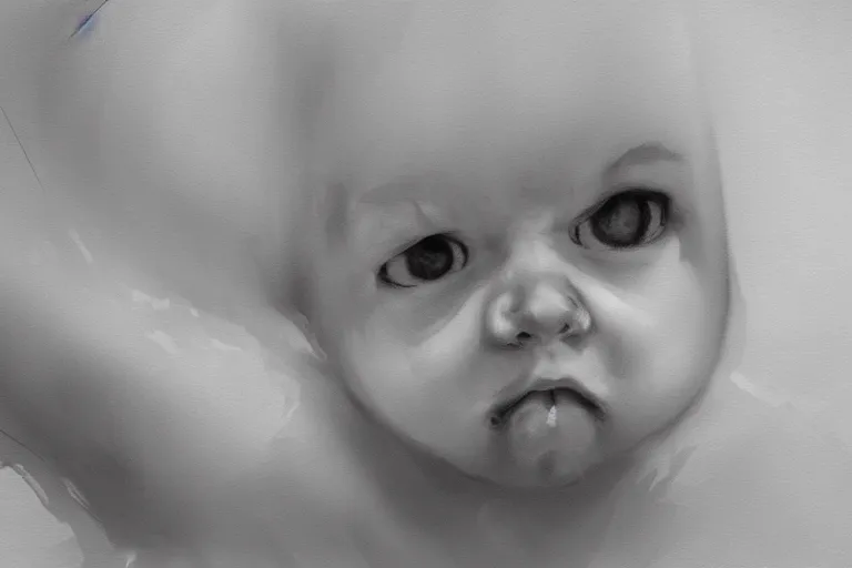 Image similar to concept art of a squealing white baby. by ashley wood and j. m. w. turner, speed painting, photo bash, cinematic angle, super detailing,