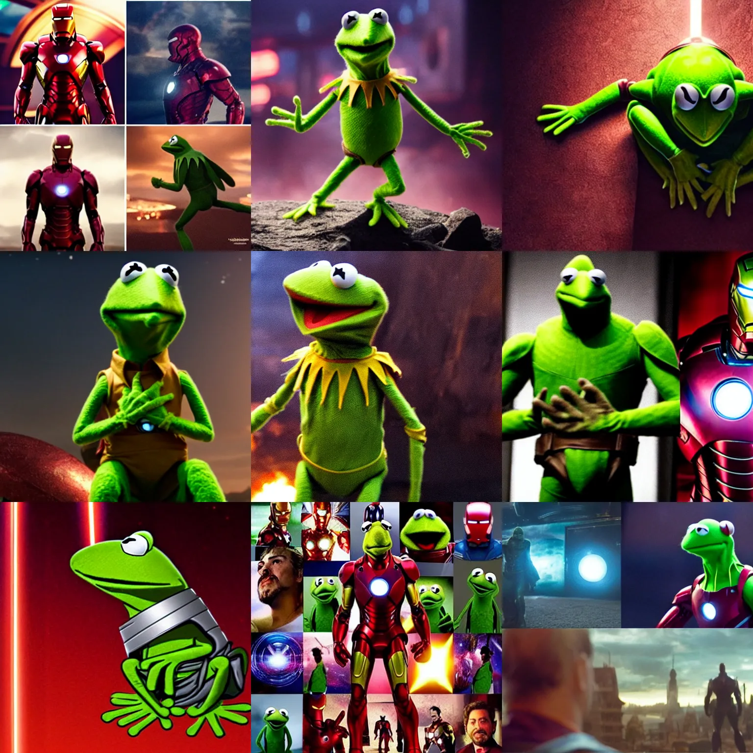 Prompt: kermit the frog as iron man, avengers endgame, landscape, infinity gauntlet, snap, dramatic lighting, film still