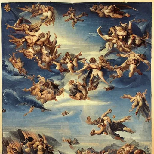 Prompt: thousands of rebel angels falling from heaven as meterorites, epic lighting, disaster clouds,